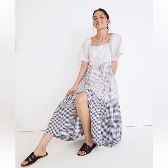 Madewell Patchwork Gingham Button Front Tiered Midi Dress, size XL - Picture 2 of 8